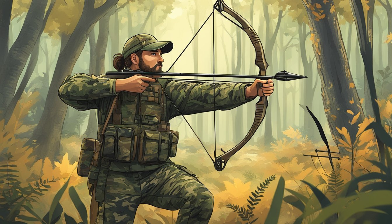 A hunter in a camouflage outfit with a bow and arrow in a dense Texas forest, surrounded by wildlife