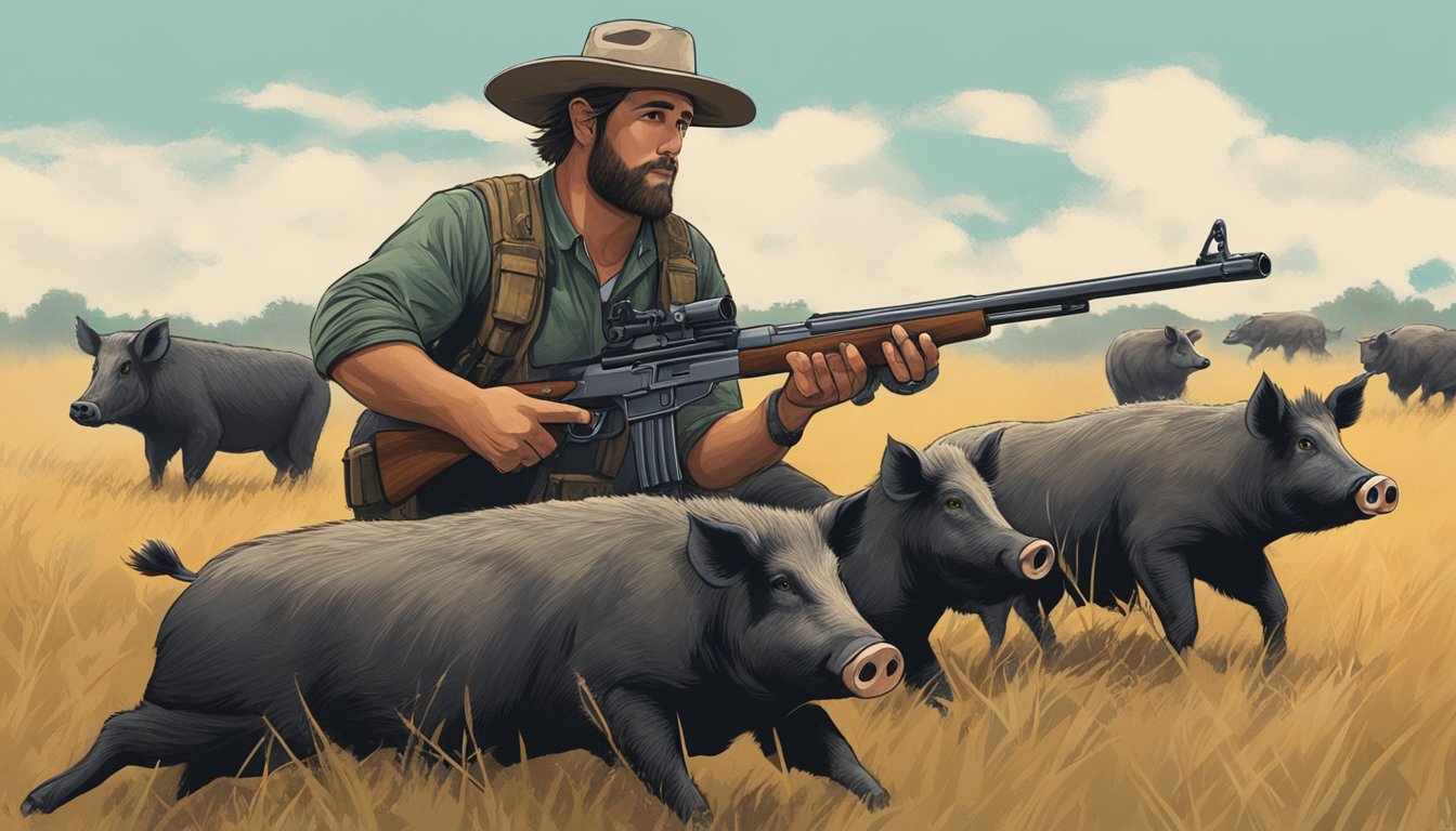 A hunter aims a rifle at a group of feral hogs in a Texas field