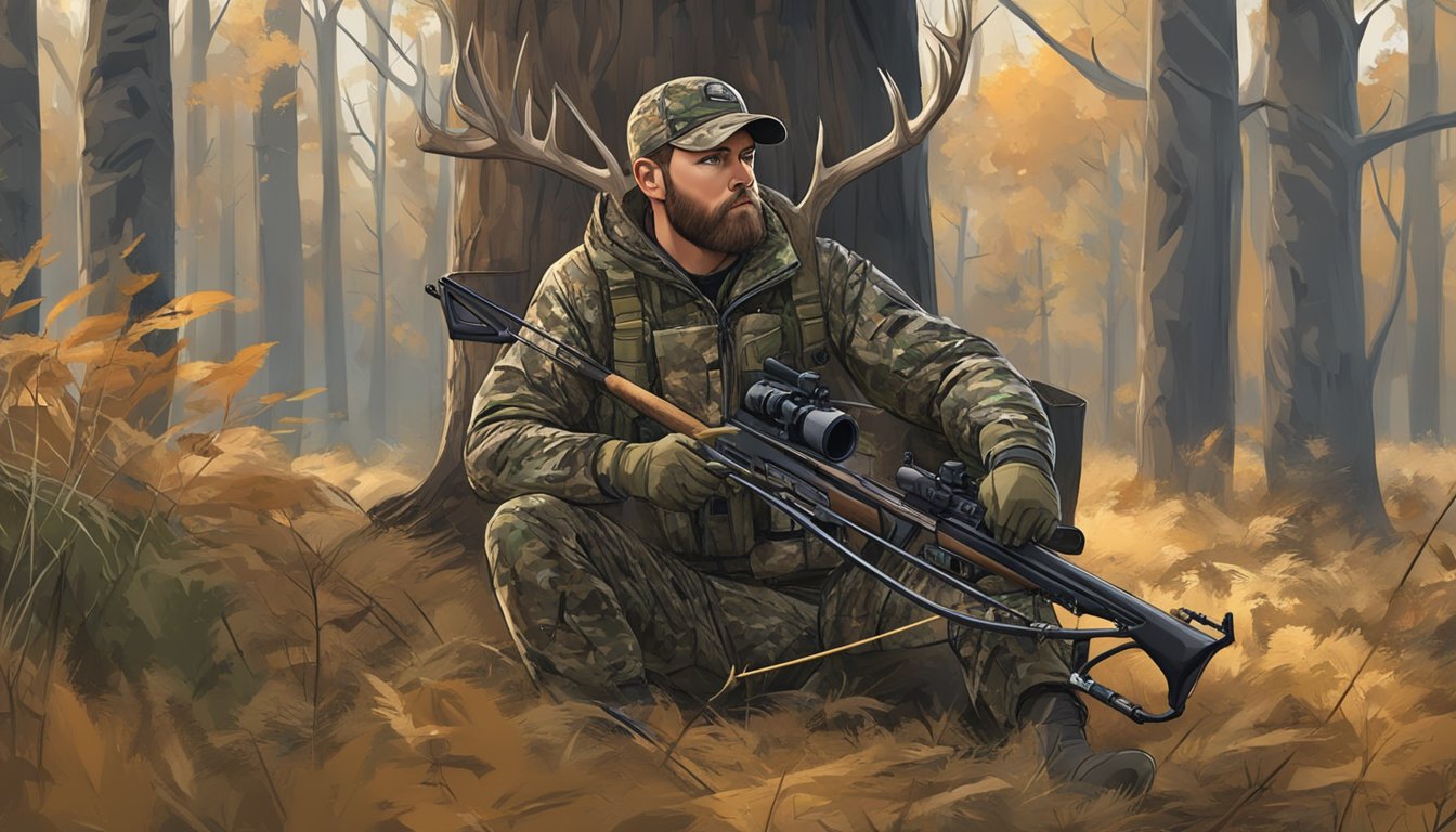 A hunter in camouflage gear waits in a tree stand, arrows and a compound bow at the ready. A deer grazes in the distance, unaware of the impending hunt