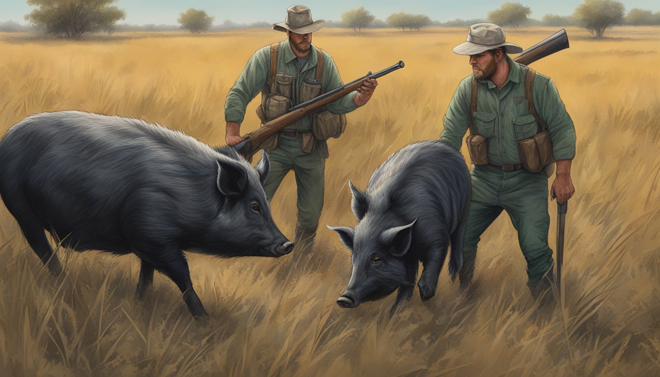 A hunter field dresses and butchers a feral hog in a Texas field