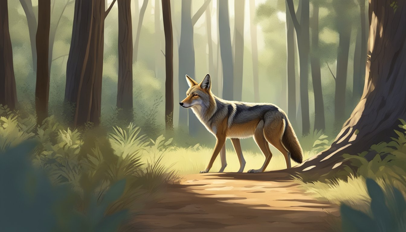 A lone coyote prowls through a dense Texas forest, ears perked and eyes focused on its prey. The dappled sunlight filters through the trees, casting shadows on the forest floor