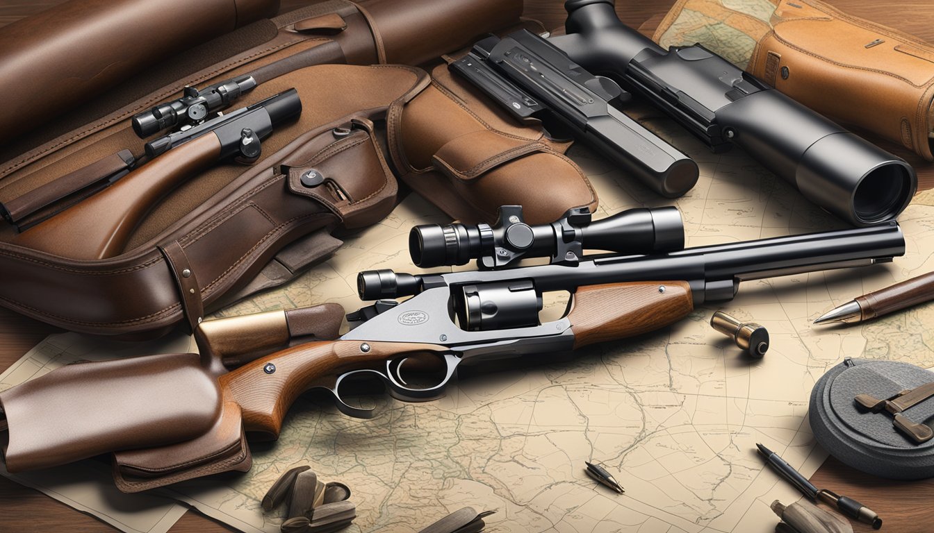 A collection of hunting equipment and firearms laid out on a table, with a map of Texas and legal documents in the background