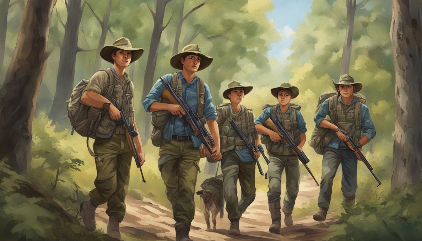 A group of young hunters in Texas, carrying rifles and dressed in camouflage, trek through the woods with their guide