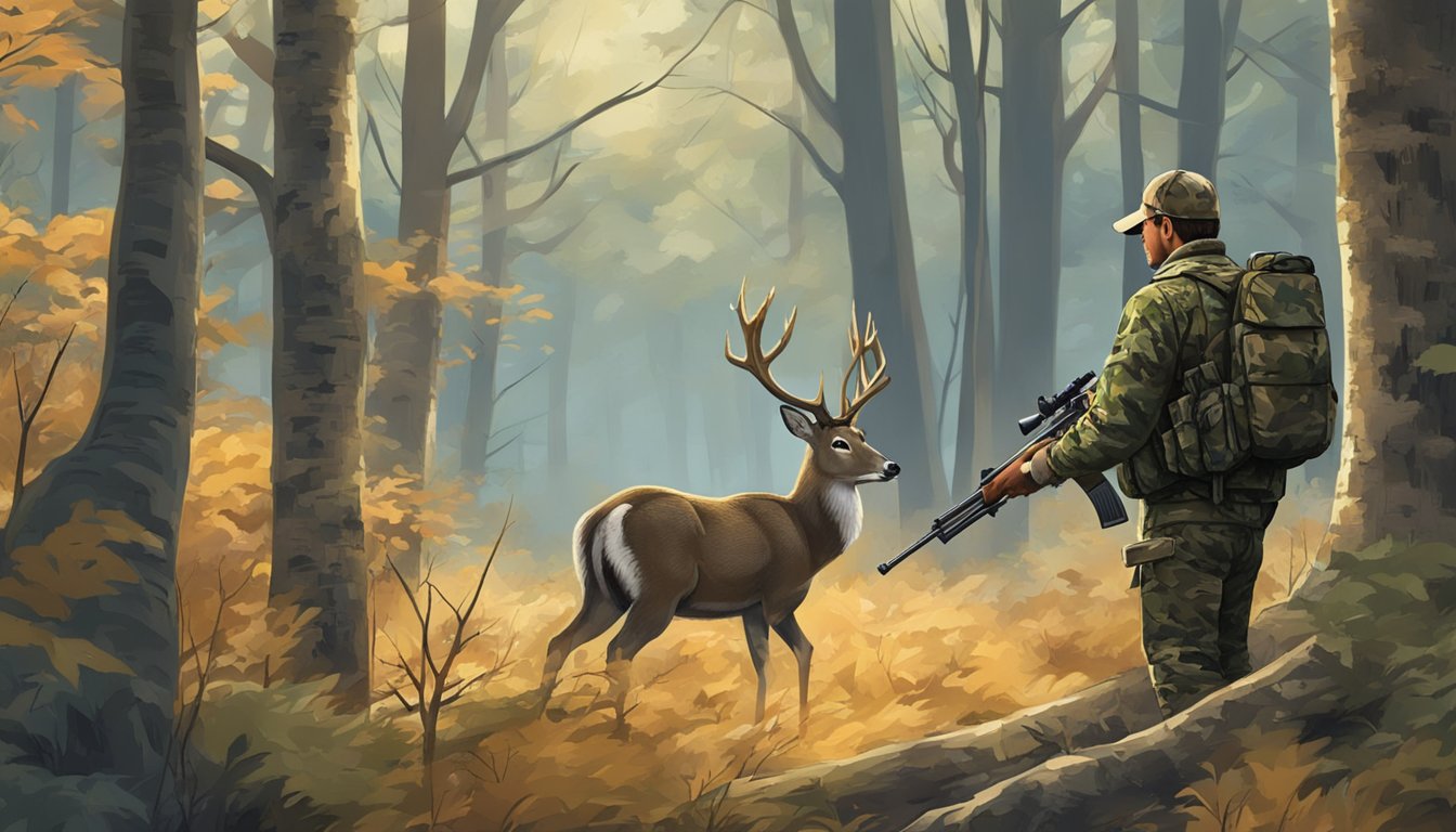 A hunter in camouflage with a rifle in a wooded area, observing a deer through the trees