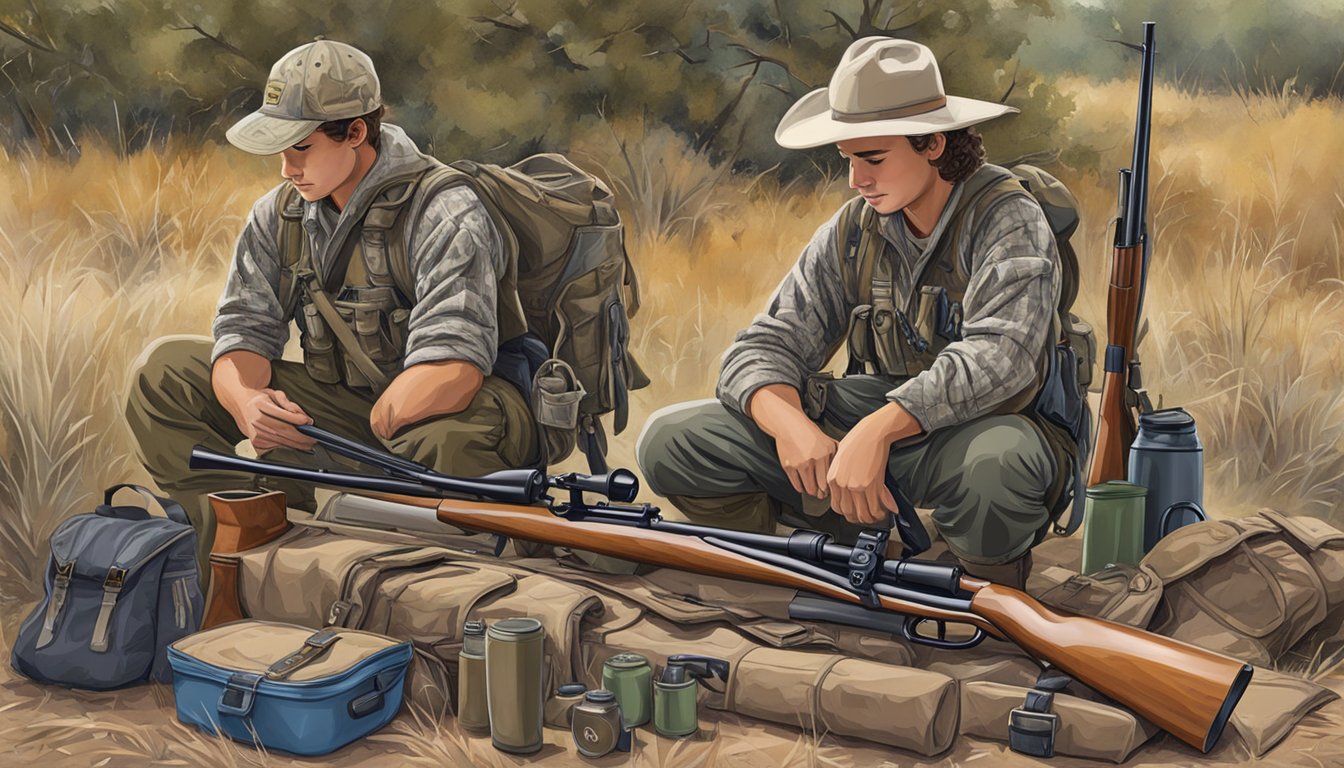 A young hunter in Texas prepares their gear before heading out for a hunt, checking their rifle and gathering supplies