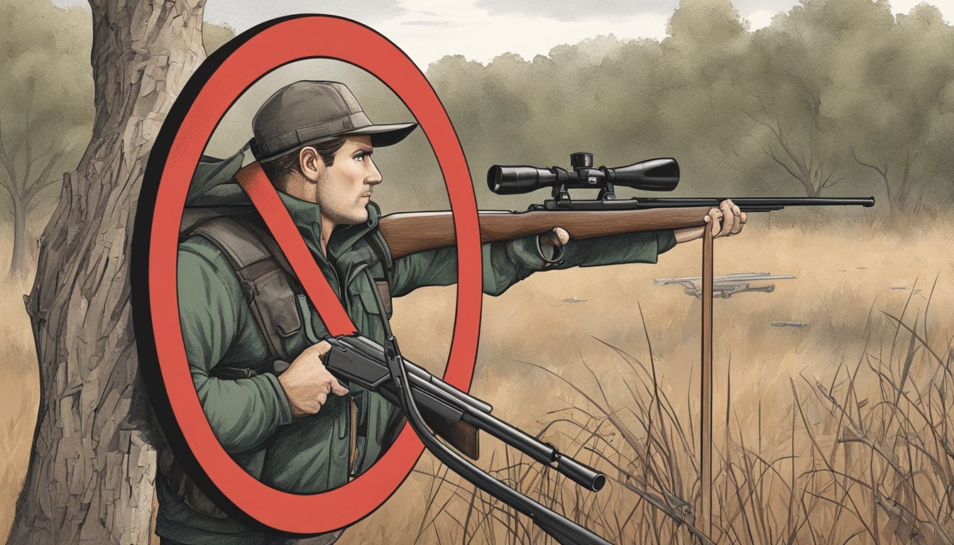 A hunter standing in front of a sign with a red circle and slash over a rifle, representing hunting prohibitions in Texas for felons