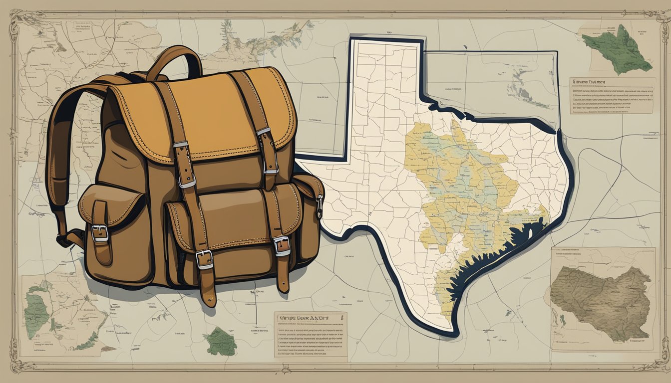 A hunter's backpack and map of Texas with marked hunting locations