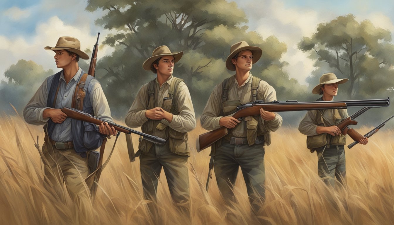 A group of young hunters accompanied by landowners in a Texas field, with rifles and hunting gear, surrounded by tall grass and trees