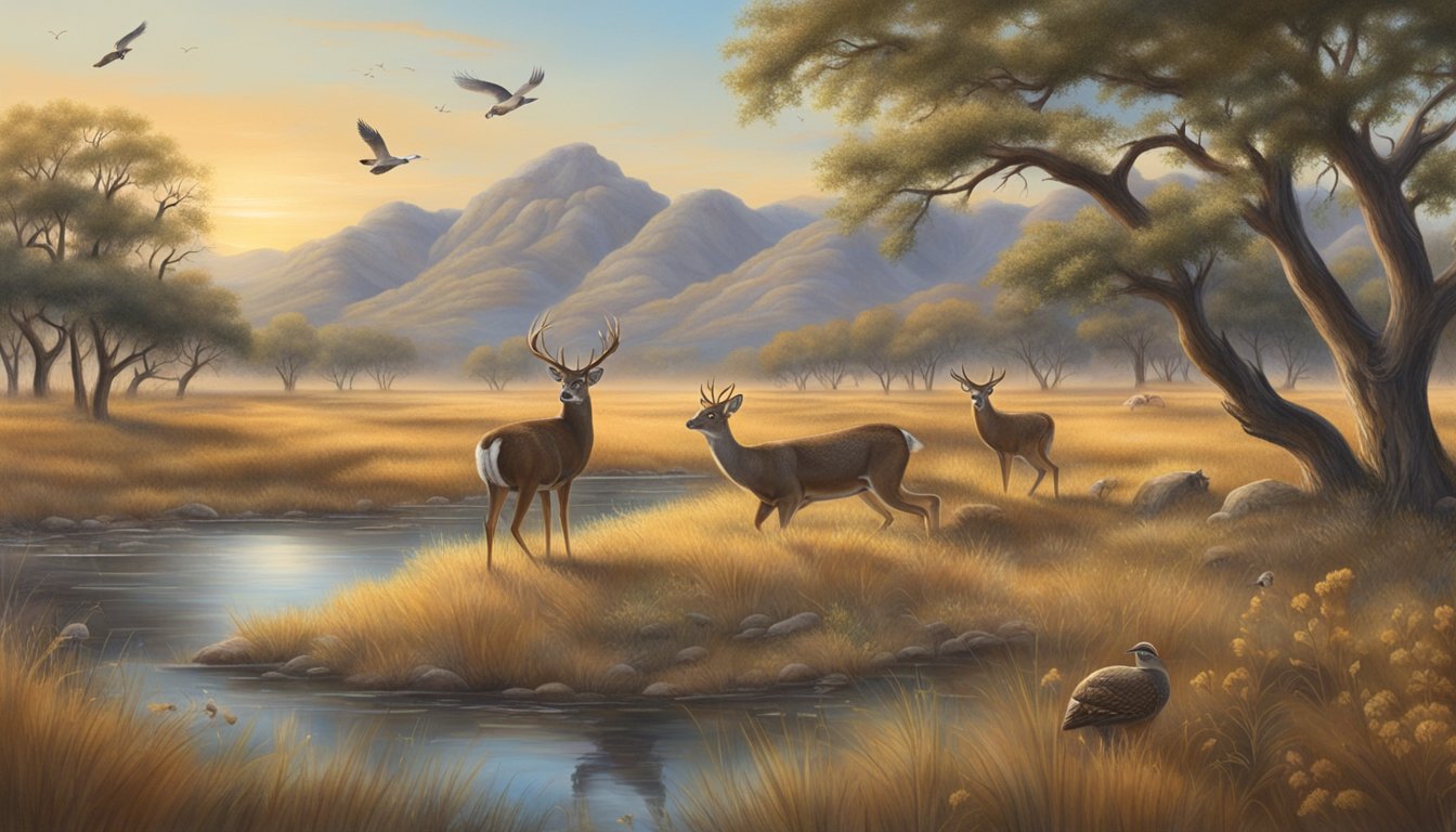 A serene Texas landscape with diverse wild game, including deer, turkey, and quail, set against a backdrop of changing seasons