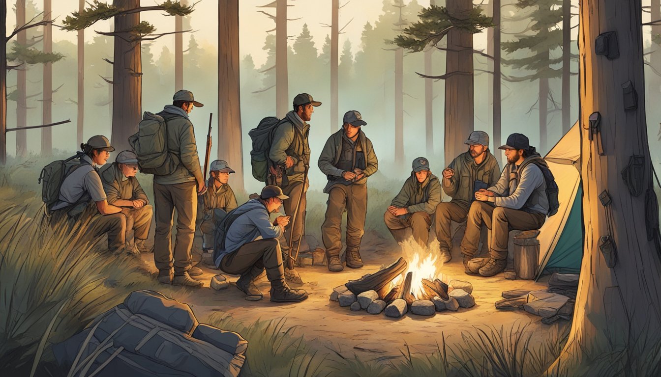 A group of young hunters gather around a campfire in the Texas wilderness, surrounded by tents and hunting gear. A mentor guides them through the program