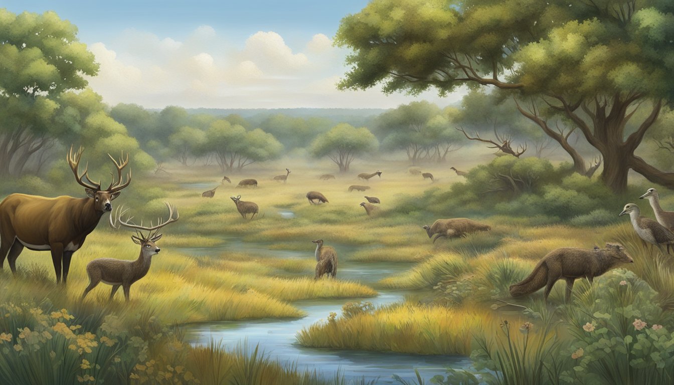 A sprawling Texas landscape with diverse wildlife in various habitats, including forests, grasslands, and wetlands, showcasing the seasonal changes in the environment and the different species of game