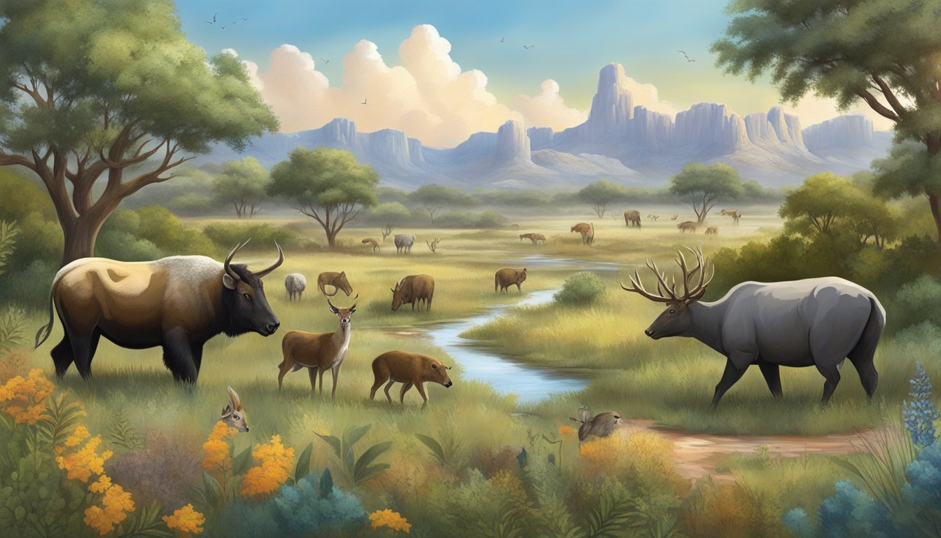 A diverse Texas landscape with various game animals in natural habitats, surrounded by native flora and changing seasonal elements