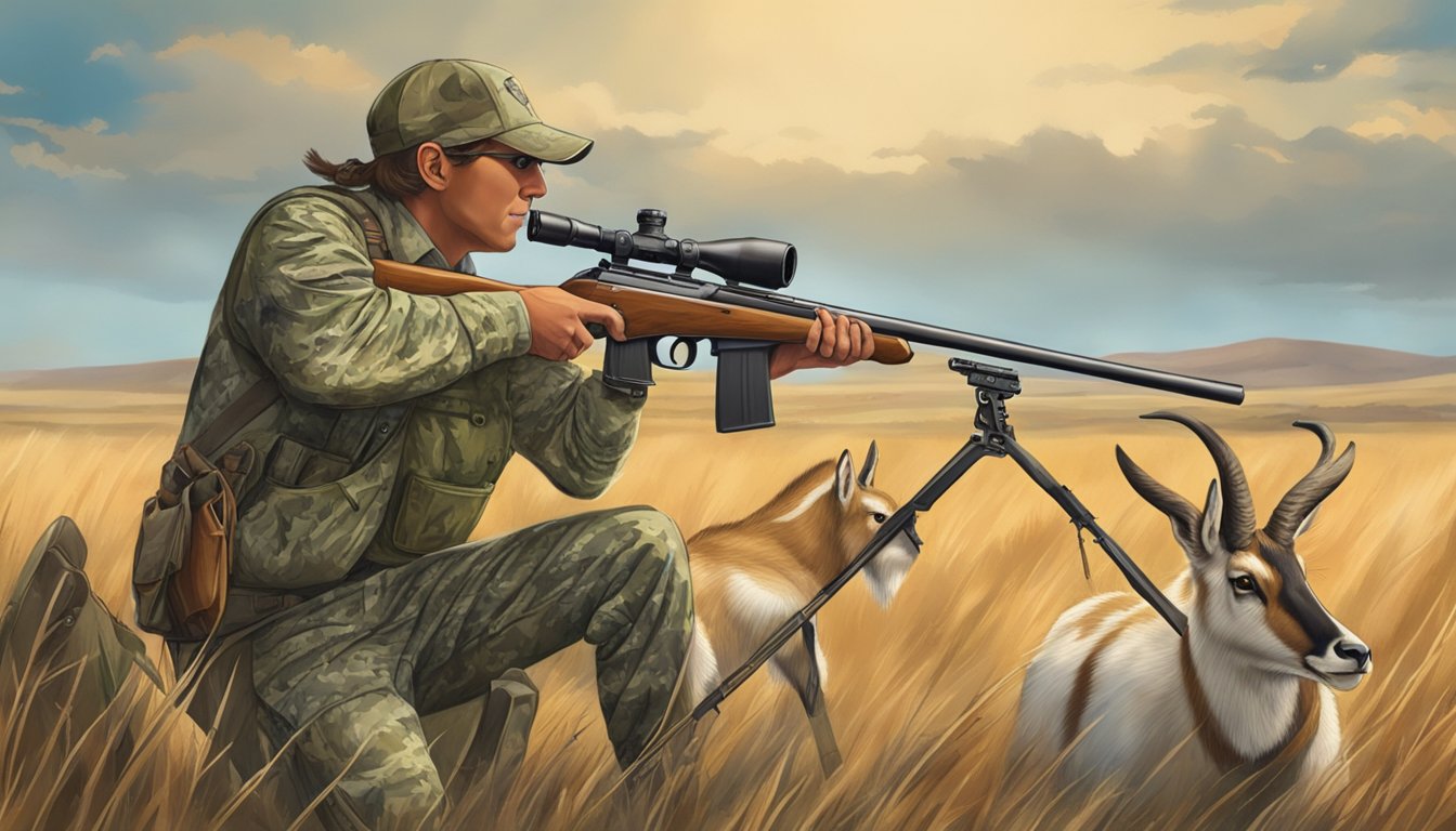 A hunter in camouflage aiming a rifle at a pronghorn in the Texas grasslands