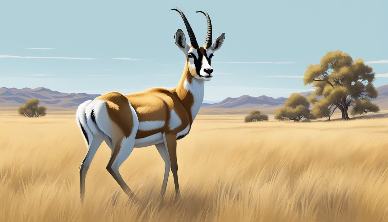 A lone pronghorn stands alert in the golden grassland, with scattered mesquite trees and a clear blue sky in the background