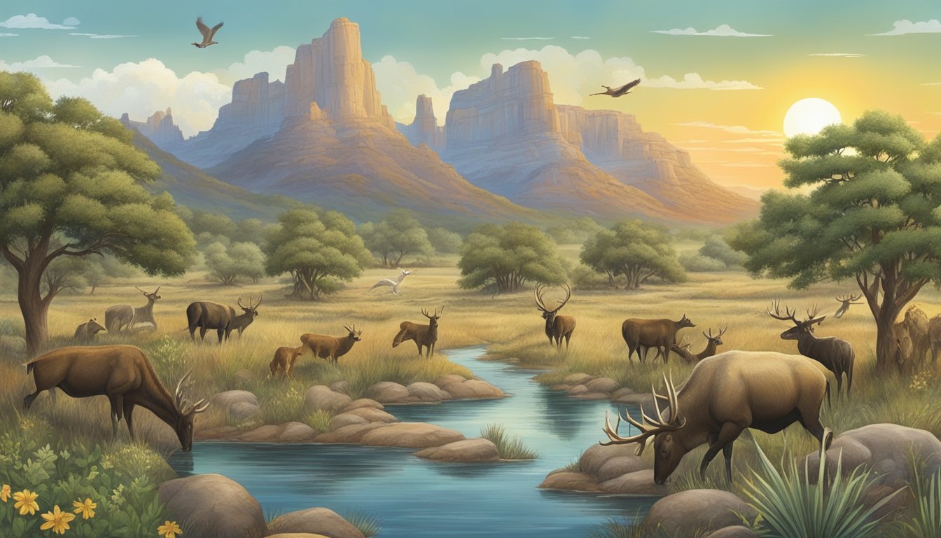 A detailed illustration of a diverse Texas landscape with various wild game animals and their seasonal habitats