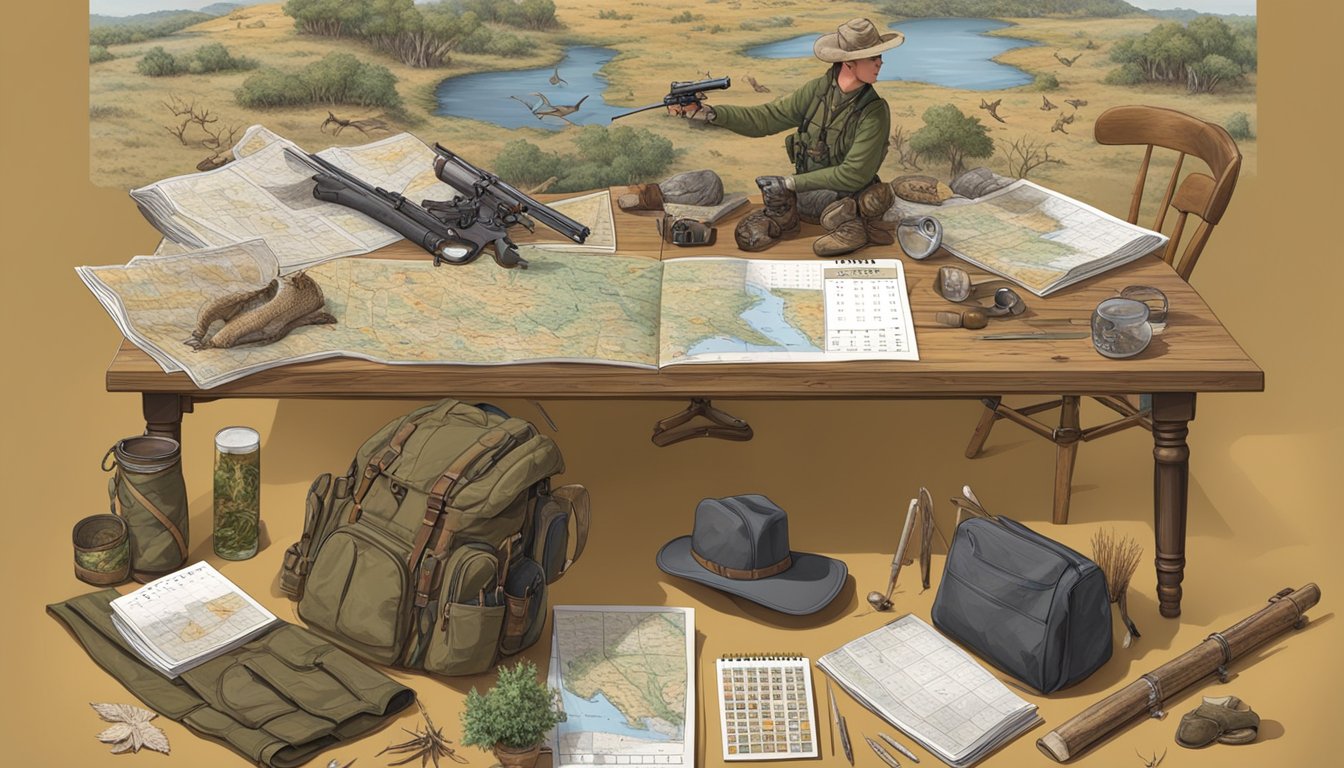 A table covered in hunting gear and maps, surrounded by images of Texas wildlife and a seasonal calendar