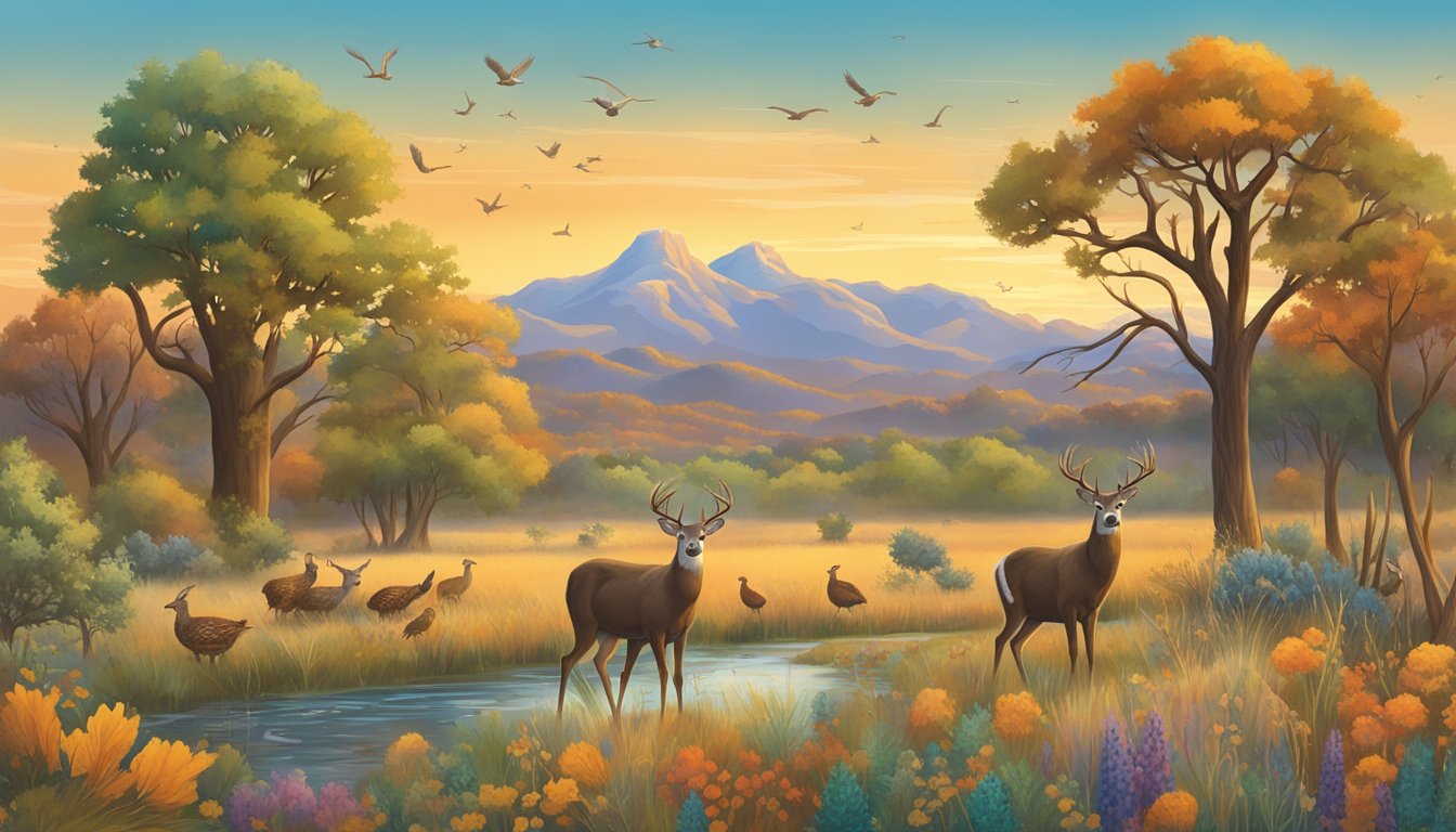 A vibrant Texas landscape with various wildlife, including deer, turkey, and quail, surrounded by a detailed seasonal calendar