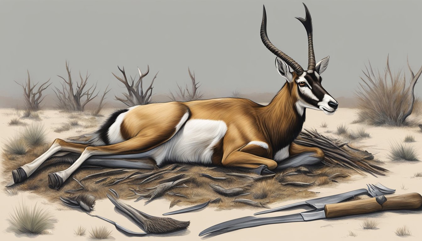 A pronghorn carcass being processed and prepared for conservation after a successful hunt in the Texas wilderness