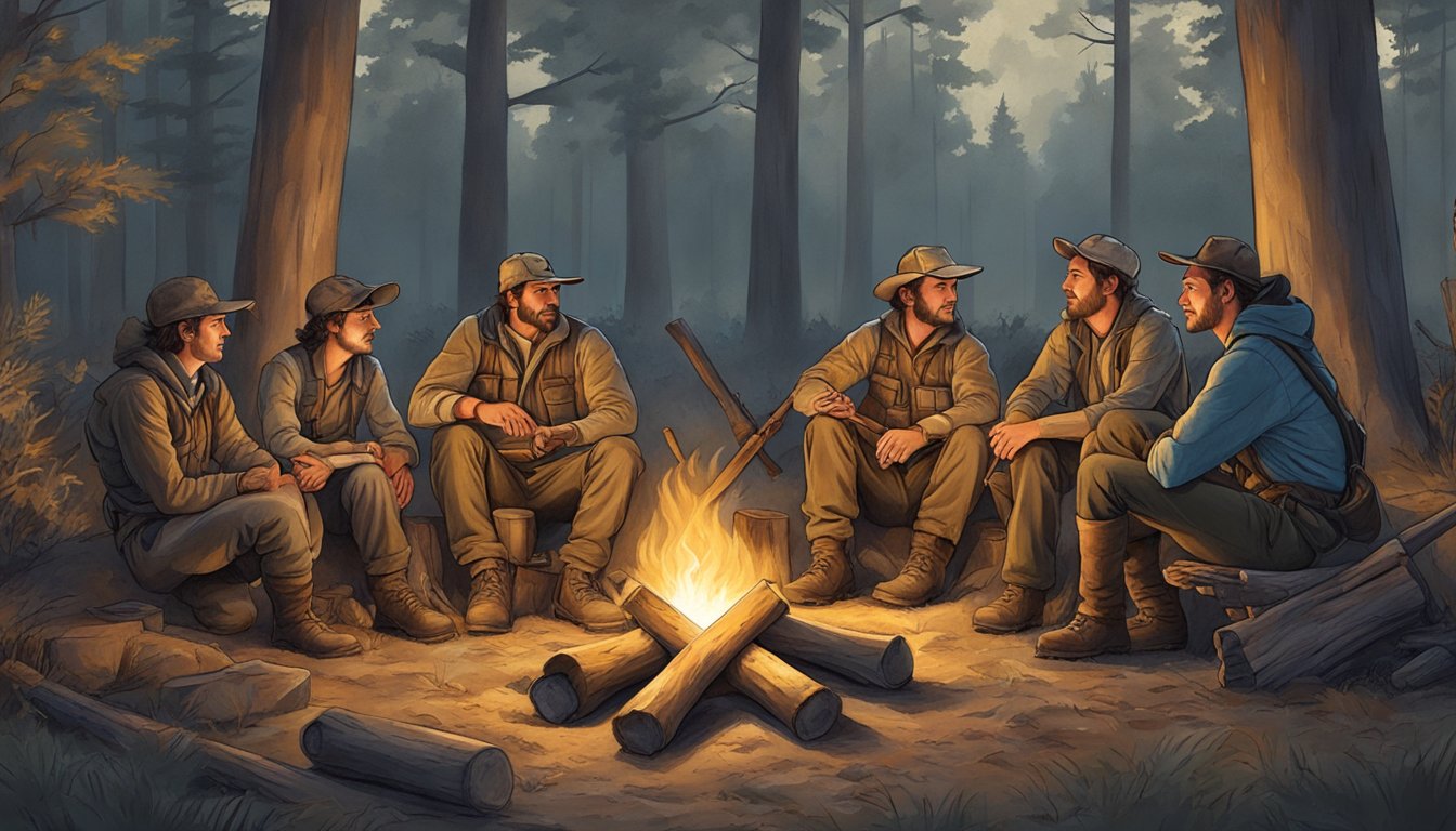 A group of young hunters gather around a campfire, sharing stories and discussing their responsibilities after a successful hunt in the Texas wilderness