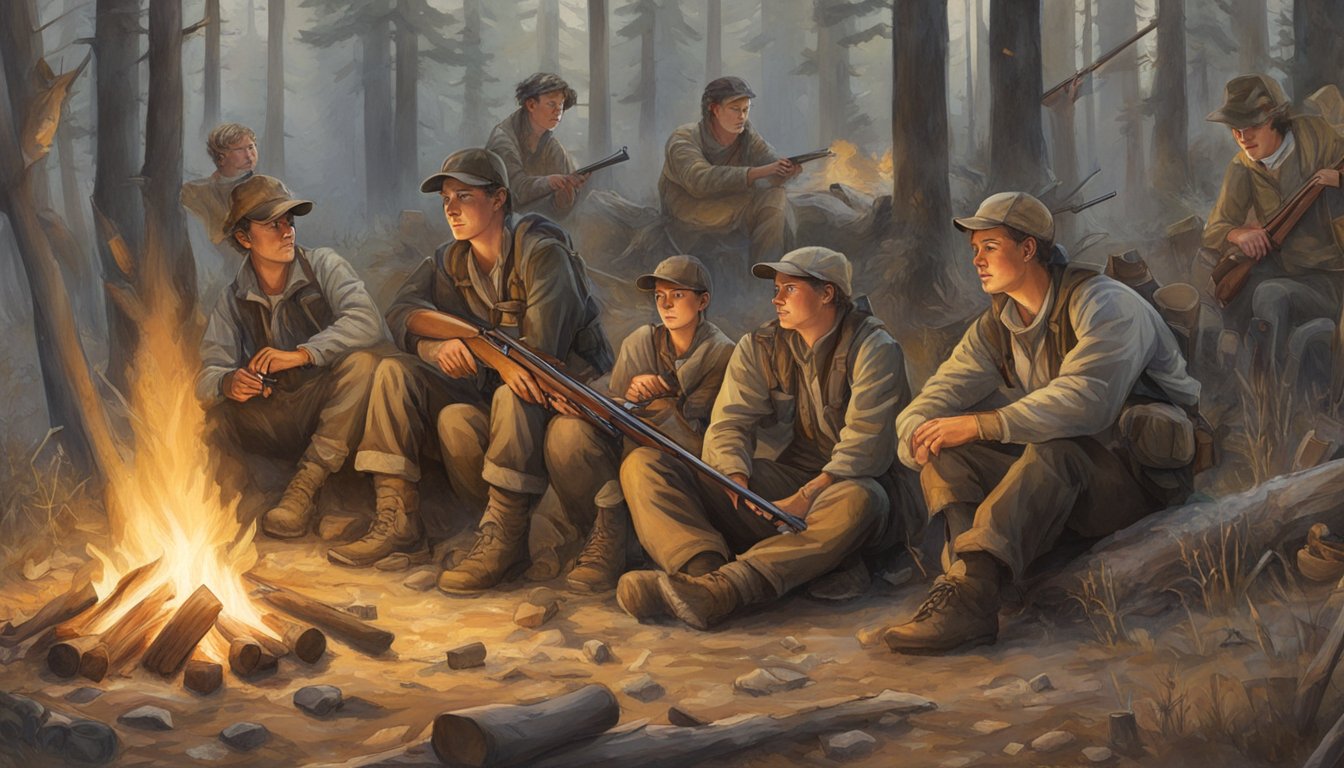 A group of young hunters gather around a campfire, with rifles and hunting gear scattered around. A schedule of events is posted on a nearby bulletin board