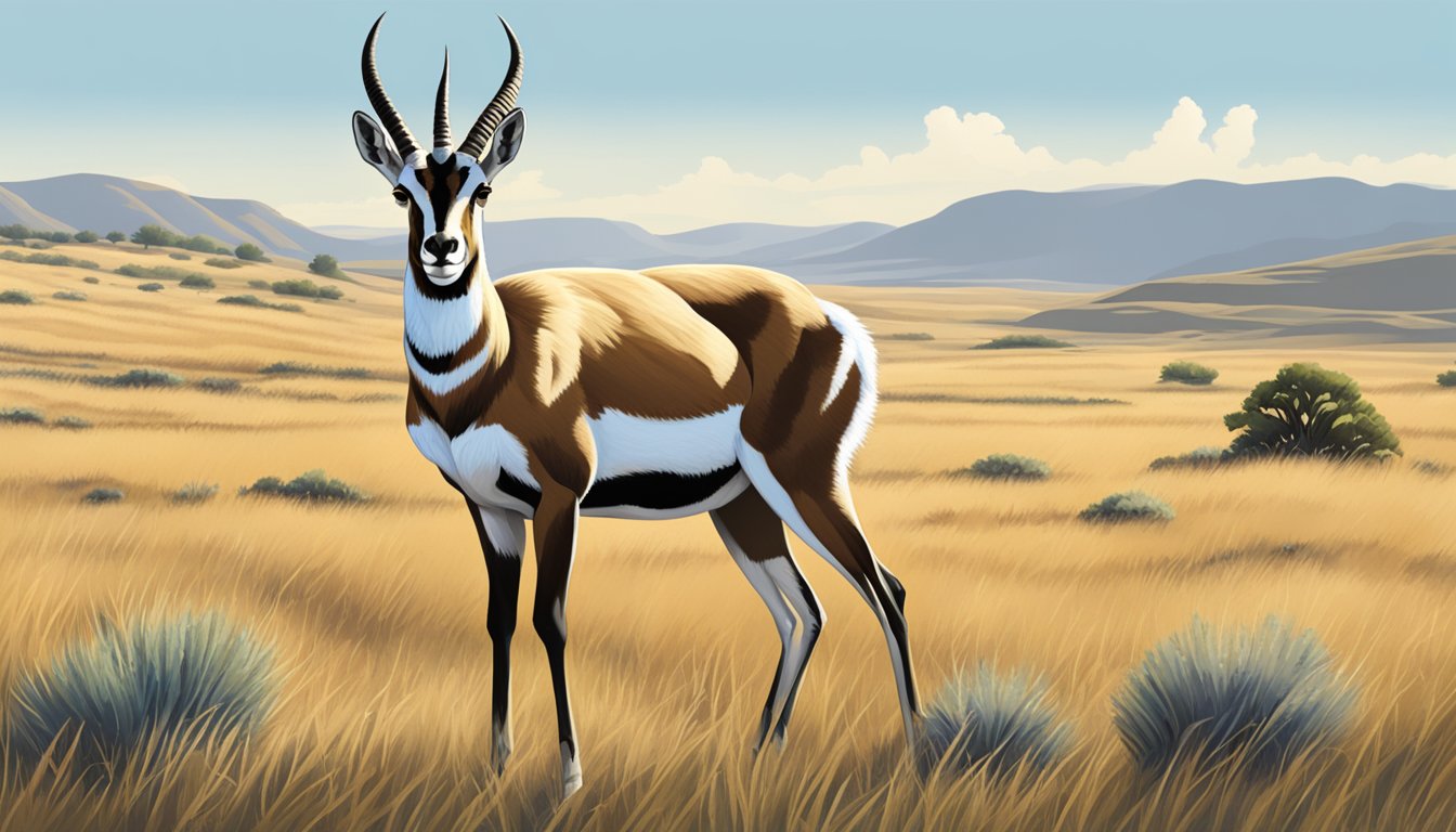 A pronghorn stands alert in the Texas grasslands, surrounded by rolling hills and a clear blue sky