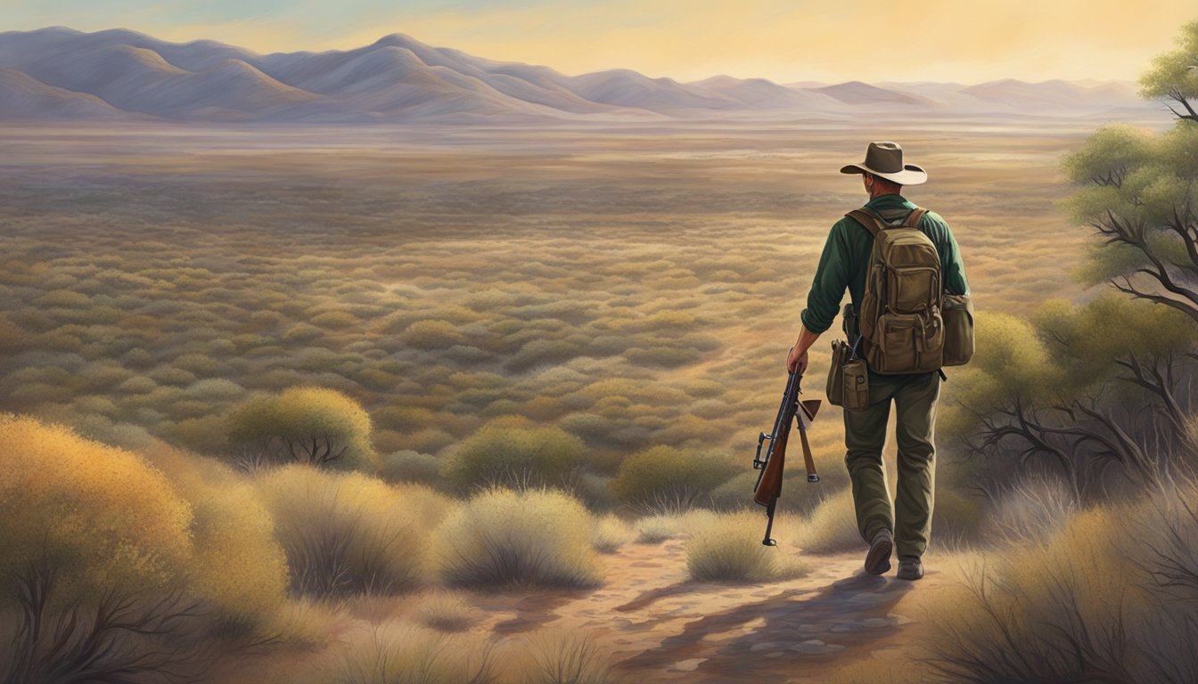 A hunter walking through vast Texas public land, rifle in hand, surrounded by rolling hills and scrub brush