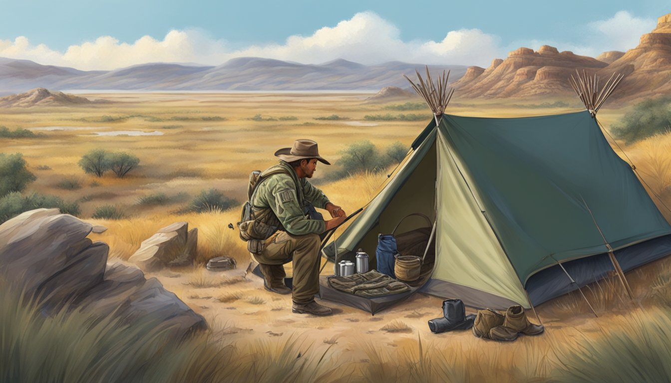 A hunter setting up camp in a vast Texas public land, surrounded by rolling hills and native wildlife