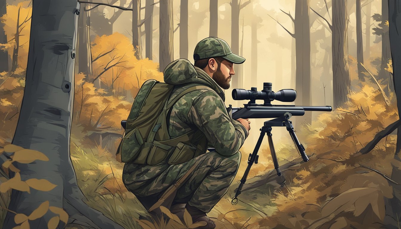 A hunter in camouflage, standing with a rifle in a wooded area, observing a deer through the scope