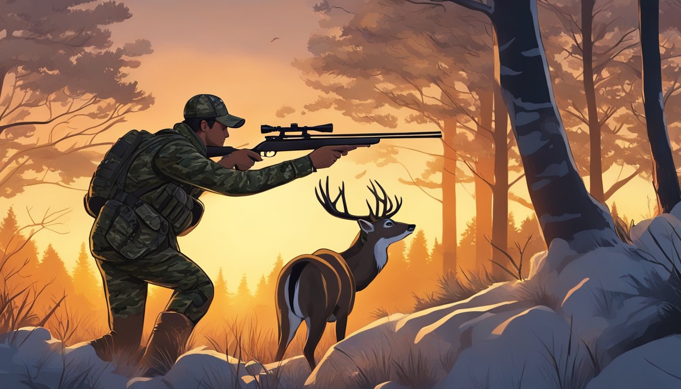 A hunter in camouflage aims at a deer in a wooded area with a rifle. The sun sets in the background, casting a warm glow over the scene