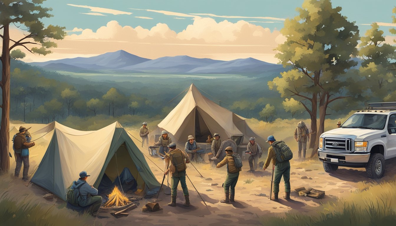 A group of people setting up camp in a vast Texas public land, surrounded by rolling hills and forests. Some are unloading hunting gear, others are preparing a bonfire