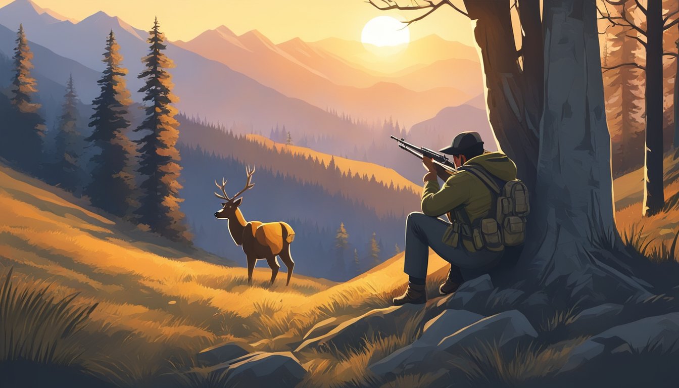 A hunter crouches behind a tree, aiming at a deer grazing in a forest clearing. The sun sets behind the mountains, casting long shadows