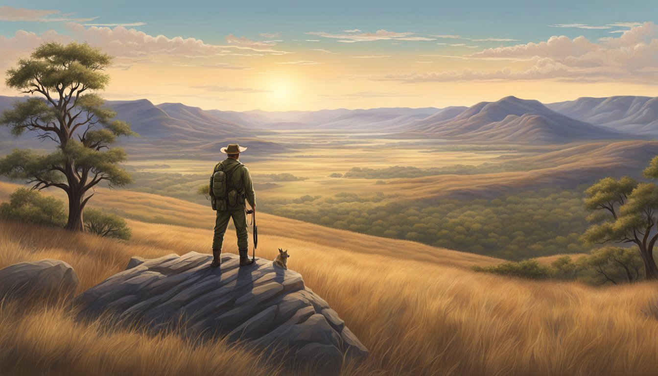 A lone hunter silently watches over a vast expanse of Texas public land, surrounded by rolling hills and abundant wildlife