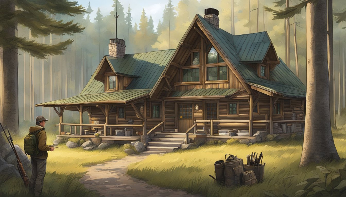 A rustic lodge nestled in a forest clearing, surrounded by hunting gear and equipment, with a guide pointing towards a map of hunting grounds