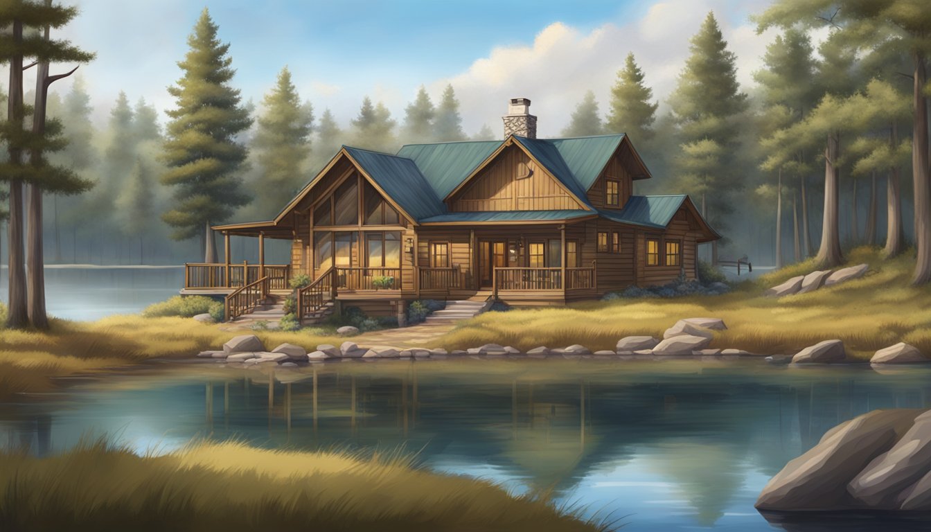 A cozy hunting lodge nestled in the Texas wilderness, surrounded by tall trees and a serene lake, with comfortable accommodations for a memorable hunting experience