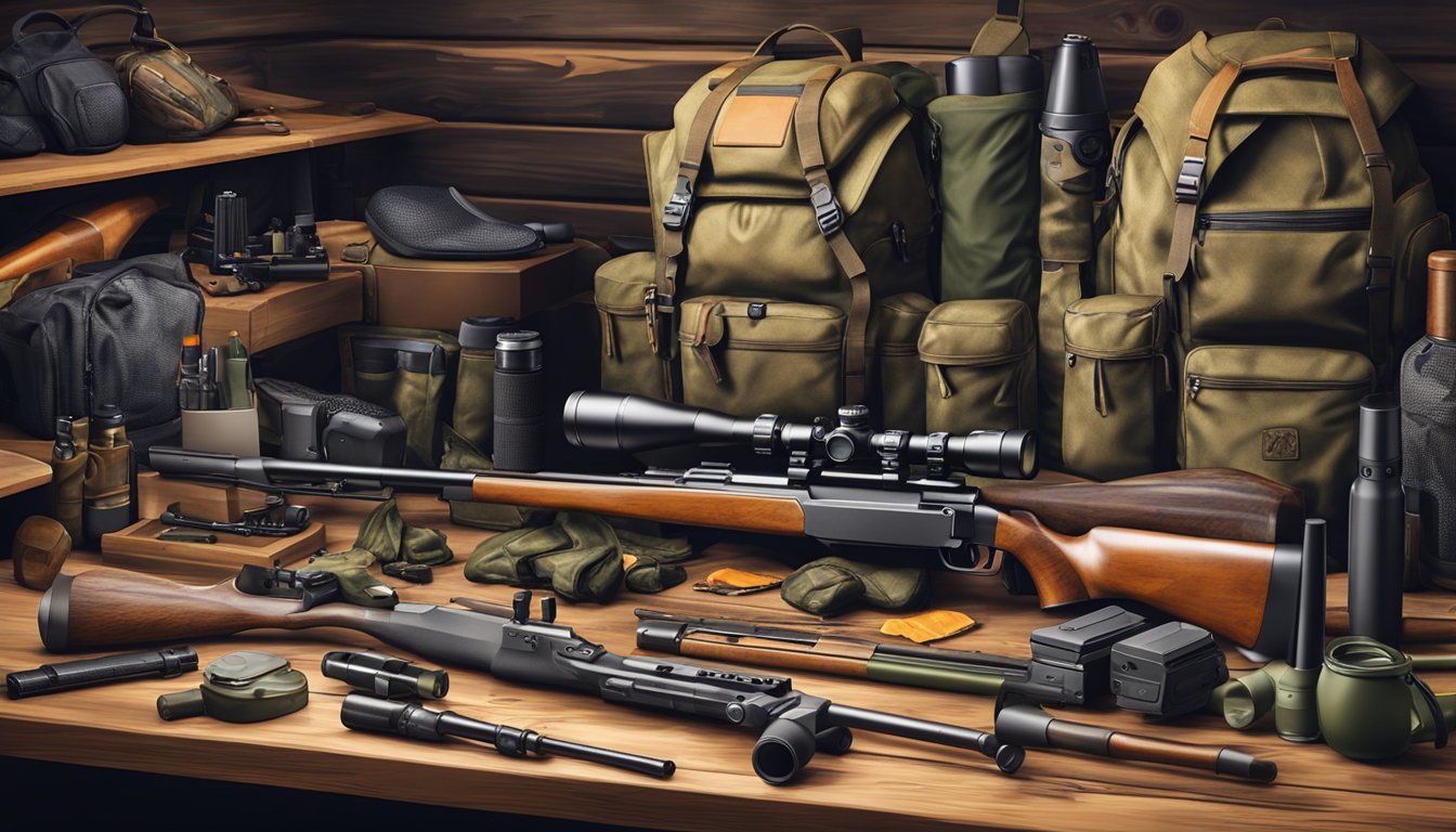 A collection of high-tech hunting gear, including rifles, scopes, camouflage clothing, and other essential equipment, laid out on a wooden table in a rustic hunting lodge