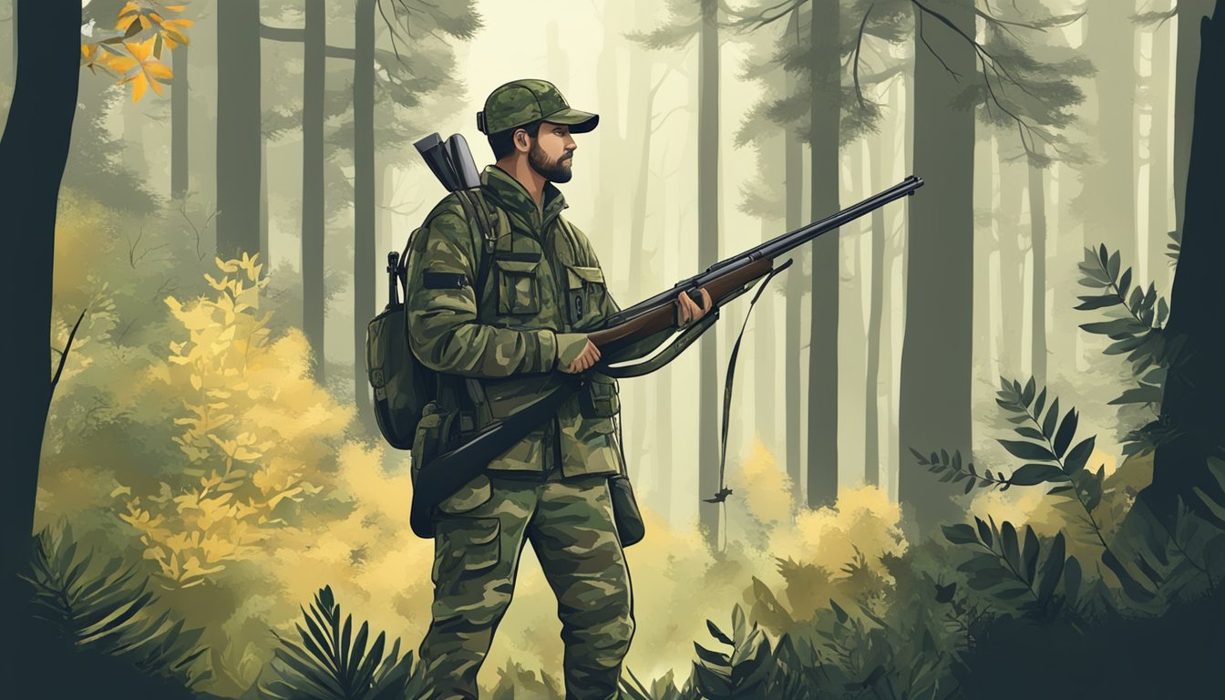 A hunter in camouflage stands in a forest clearing, surrounded by trees and wildlife. A sign nearby advertises special hunting programs in the United States