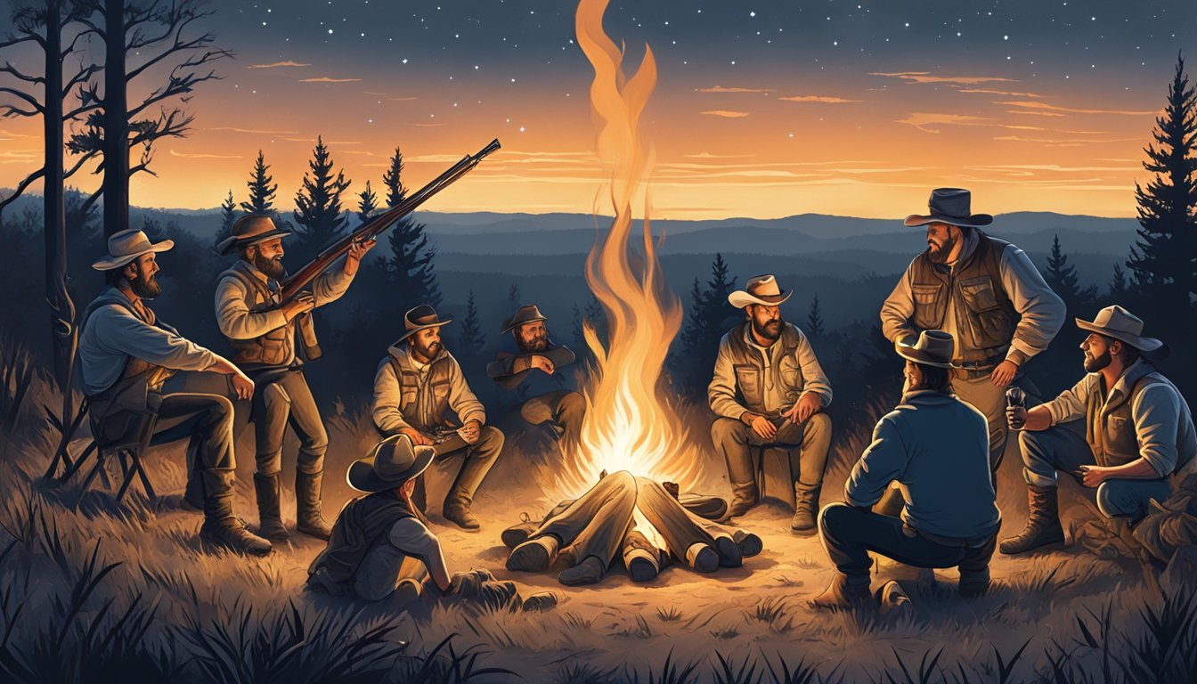 A group of hunters gather around a roaring campfire, sharing stories and laughter under the starry Texas sky