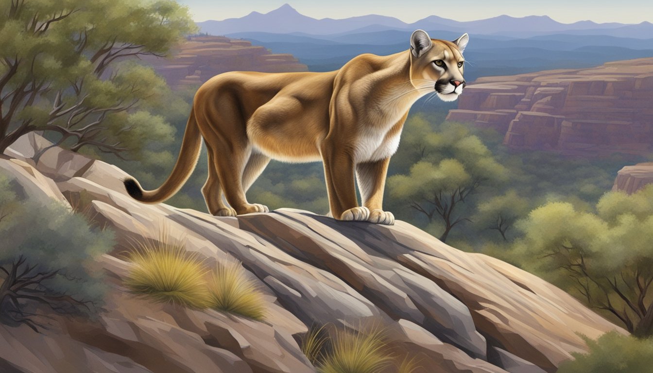 A mountain lion prowls through the rugged Texas landscape, surrounded by dense brush and rocky terrain