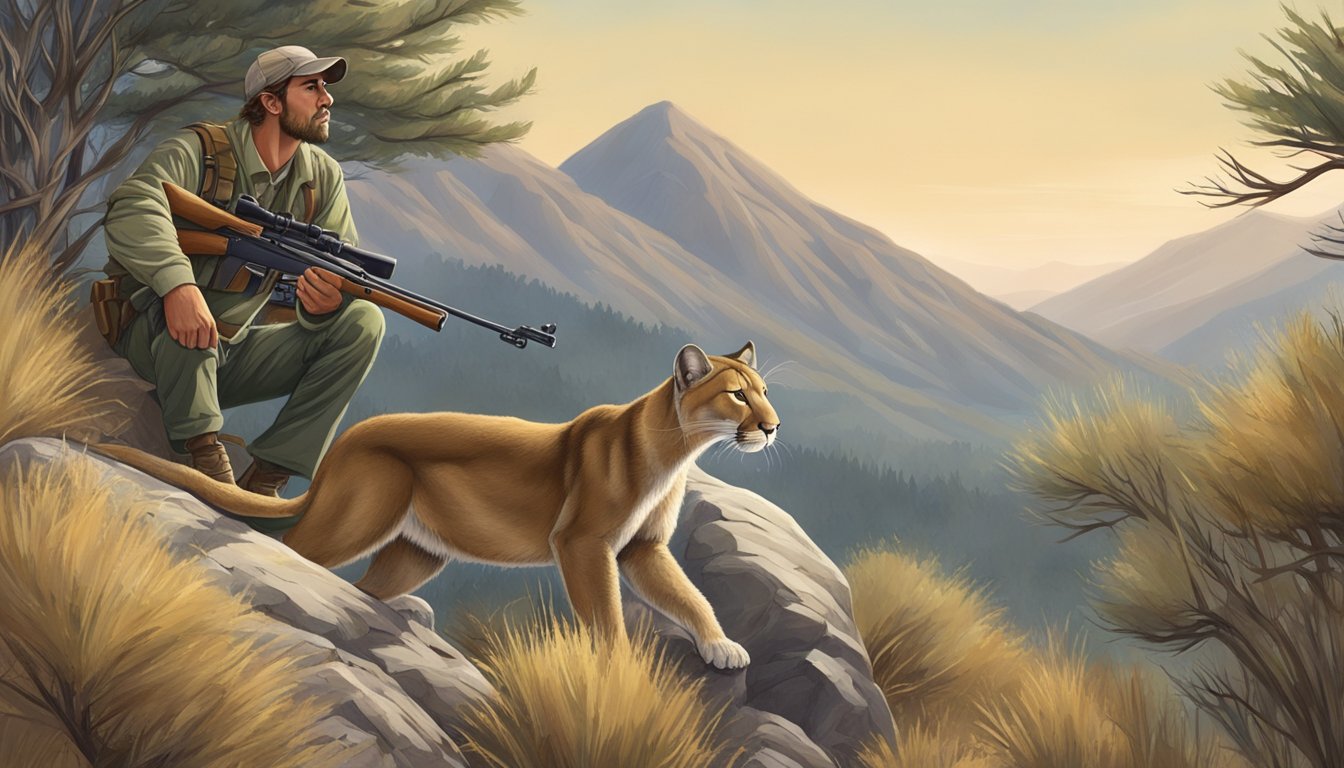 A hunter crouches behind a rocky outcrop, aiming a rifle at a mountain lion stalking through the brush. A hunting dog stands alert nearby