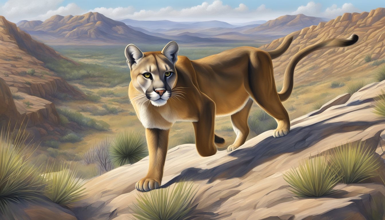 A mountain lion stalks through the rugged Texas landscape, its keen eyes scanning for prey