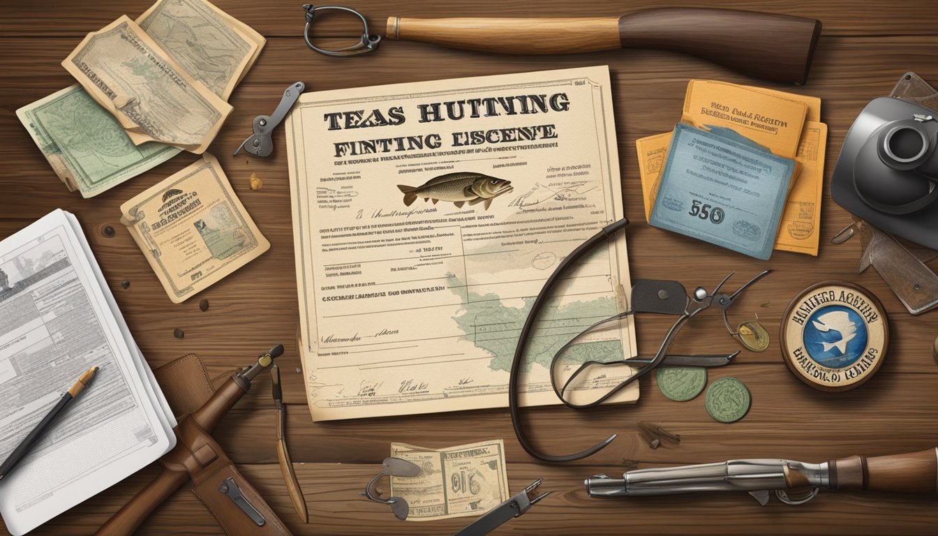 A rustic wooden table with a Texas hunting and fishing license, a guidebook, and various certification and endorsement documents scattered across the surface