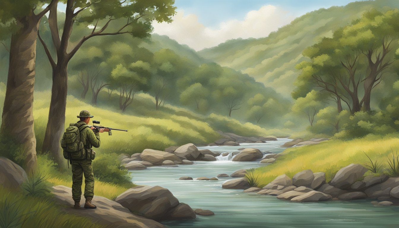 A serene Texas landscape with rolling hills, a winding river, and lush forests. A hunter in camouflage gear quietly stalks through the trees