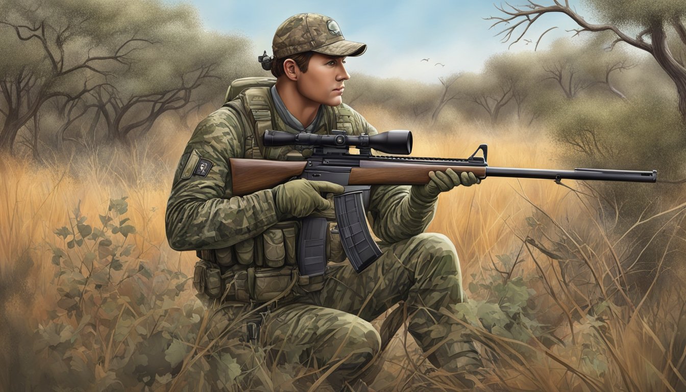 A hunter in camouflage with a rifle and hunting gear, surrounded by dense Texas brush