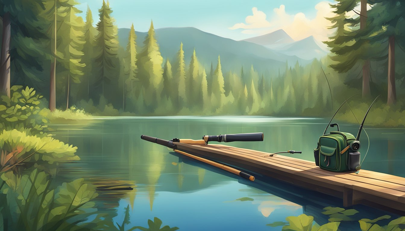 A serene lake surrounded by lush forests, with a fishing rod and hunting gear laid out on a wooden dock