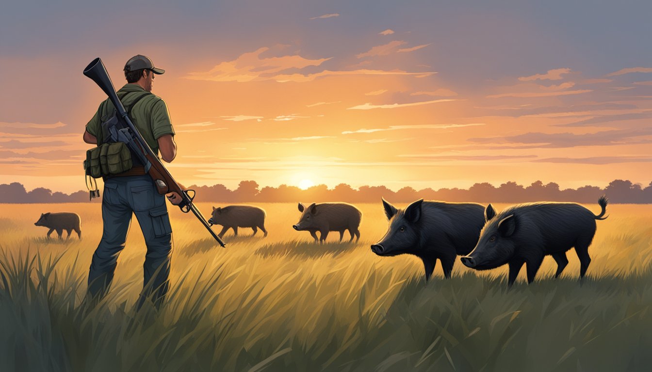 A hunter in Texas aims a rifle at a group of feral hogs in a grassy field at dusk