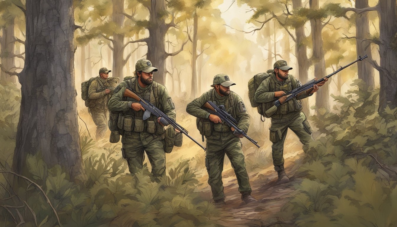 A group of hunters in camouflage gear stalk through a dense forest, rifles at the ready, as they track wild hogs in the rugged Texas terrain