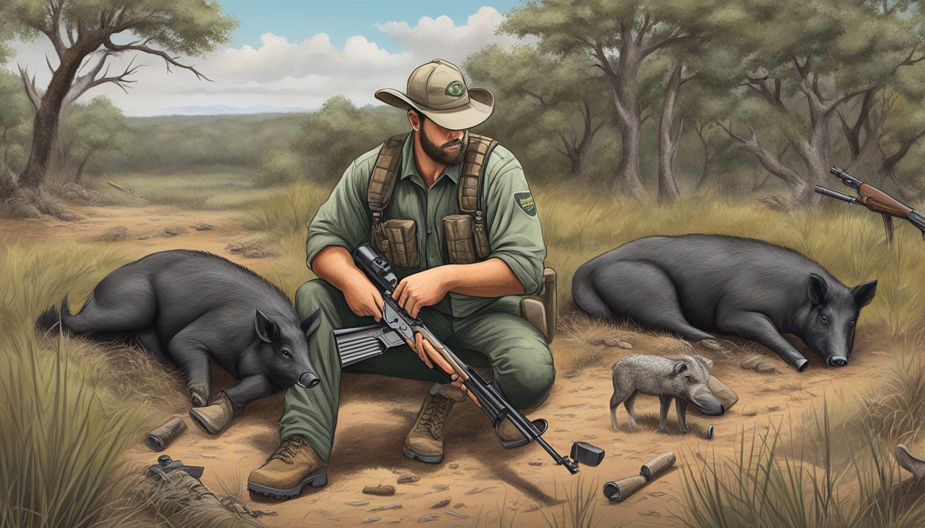 A hunter selects a rifle and ammunition for feral hog hunting in the Texas wilderness