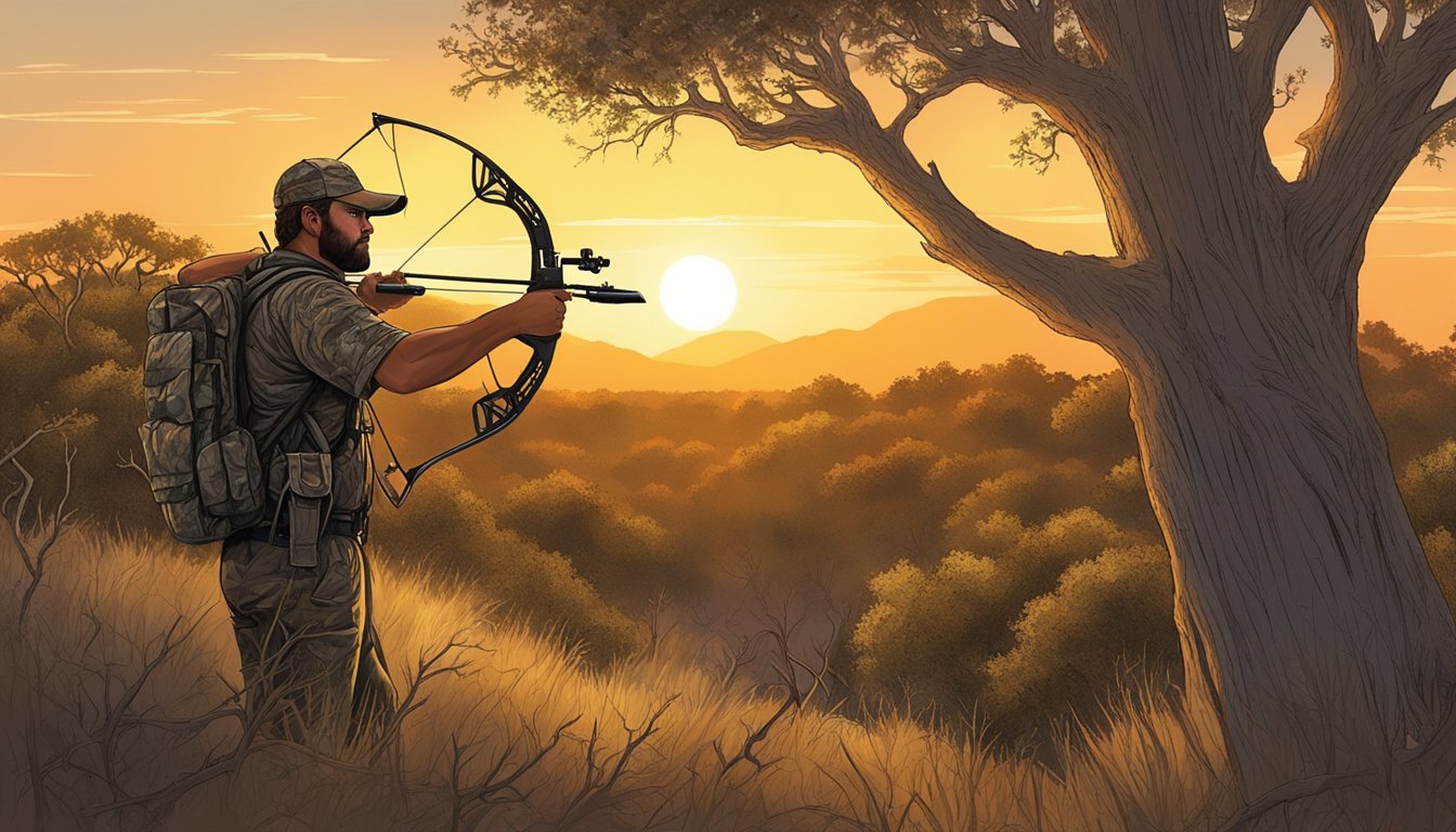 A lone bowhunter silently waits in a tree stand, surrounded by the dense Texas brush. The sun sets, casting a warm glow over the landscape as the hunter remains vigilant