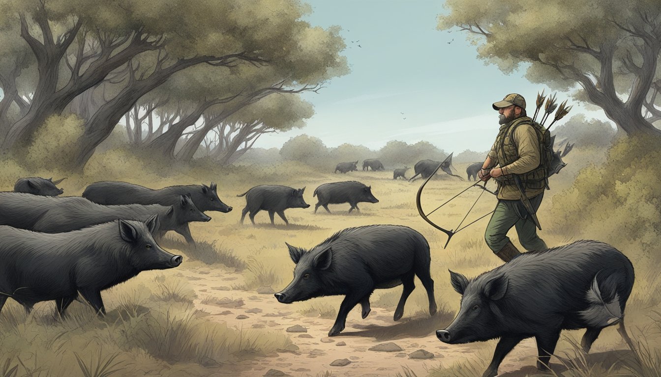 A hunter with a bow and arrow silently approaches a group of feral hogs in the dense Texas brush