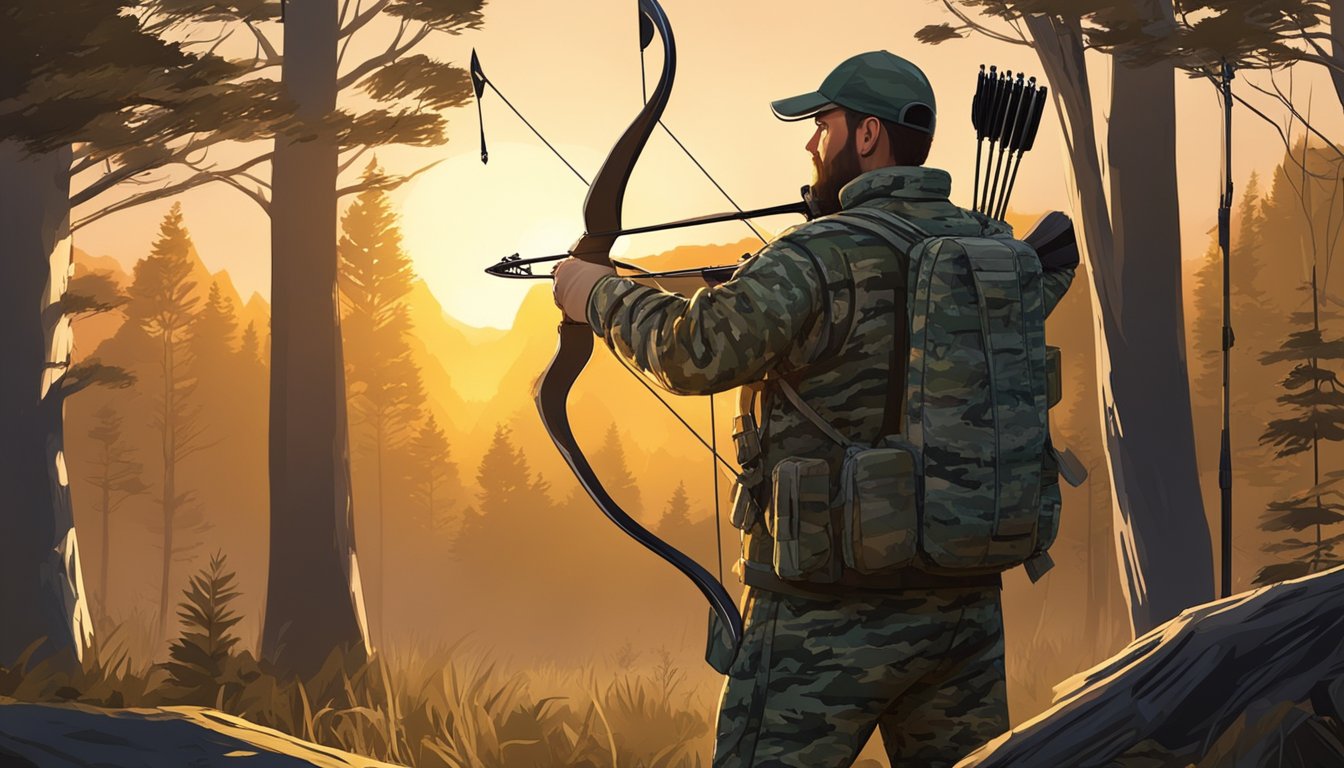 A hunter in camouflage gear stands in a wooded area, preparing their bow and arrows for the hunt. The sun is setting, casting a warm glow over the landscape